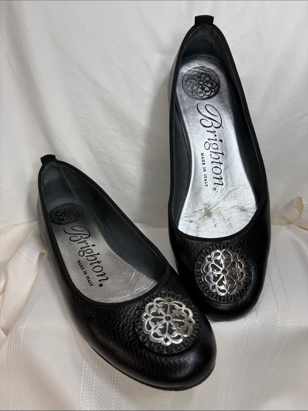 Brighton Aleta Black Leather Ballet Flats with Silver Medallion